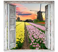 MuchoWow© Poster De Jardin 100x100 cm Decoracion Balcón Wall Decoration Adornos Pared Terraza Exterior Decoración Patio Posters Decorativos Vista - Tulipanes - Molino - Noche