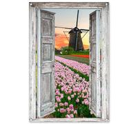 MuchoWow© Poster De Jardin 80x120 cm Decoracion Balcón Wall Decoration Adornos Pared Terraza Exterior Decoración Patio Posters Decorativos Vista - Tulipanes - Molino - Noche