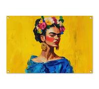 MuchoWow© Poster De Jardin 90x60 cm Decoracion Balcón Wall Decoration Adornos Pared Terraza Exterior Decoración Patio Posters Decorativos Frida Kahlo - Mujer - Amarillo - Azul - Flores