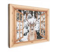 MuchoWow© Quadri Moderni Camera Da Letto 70x50 cm Foto Quadro Con Cornice Decorazioni Parete Soggiorno Stampa Su Tela Moderna Casa Salotto Poster Attraverso la vista - Cervo - Inverno - Foresta
