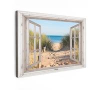 MuchoWow© Quadro su Tela 120x80 cm Stampe da Parete Quadri Cucina Camera da Letto Dipinto Arredamento Casa Vista dalla finestra - Spiaggia - Mare - Dune - Sabbia - Acqua - Erba alta