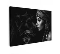 MuchoWow© Stampa su Tela 120x80 cm Quadri da Salotto Moderni Soggiorno Canvas per bagno Foto Decorazioni Parete Donna - Pantera - Animali - Bianco e nero - Ritratto
