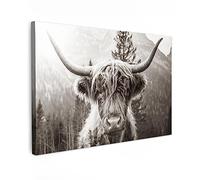 MuchoWow© Stampe su Tela moderne 120x80 cm Quadro Moderno Soggiorno Quadretti da Parete Room Decor Highlander scozzese - Mucca - Animali - Nero - Bianco