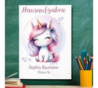 muckki.de Quaderno per compiti a casa, motivo: unicorno, formato DIN A5-48, con nome e classe