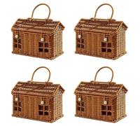 Mucshim 4 cestini in rattan imitazione a forma di casa con coperchio, decorativi in tessuto a mano con manico pieghevole, cesto di vimini da raccolta