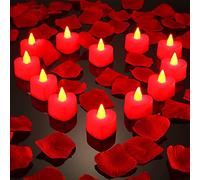 Mudder 12 Lumino a Cuore Candele a LED d'Amore con 200 Petali di Rosa in Seta Petali Artificiali Sparsi per Ragazze Decorazione per Tavola Matrimonio Valentine (Luce Rossa, Petalo Rosso)