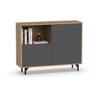 Muebles Pitarch | Aparador salone da pranzo, buffet, mobile ausiliario, 2 ante e 1 vano, con gambe, grigio e rovere gold, 82,5x112x33 cm, gambe nere, ingresso industriale moderno, modello Anori