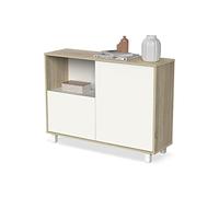 Muebles Pitarch | Aparador salone da pranzo, buffet, mobile ausiliario, 2 ante e 1 vano, con piedini, bianco e Rovere Cambrian, 82,5x112x33cm, moderno ingresso, collezione Tibet