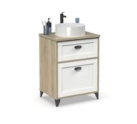 Muebles Pitarch | Mobile da bagno con lavabo in ceramica incluso, 60cm, con piedi, cassetto ,1 porta, per lavabo da appoggio, Bianco e Rovere , Vintage, modello Toscana