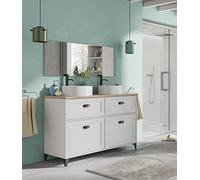 Muebles Pitarch | Mobile da bagno doppio con lavabi in ceramica inclusi, larghezza 120cm, con piedi, cassetti a chiusura lenta, 2 porte, per lavabi da appoggio, Bianco e Rovere ,Vintage