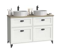 Muebles Pitarch | Mobile da bagno doppio, larghezza 120cm, con piedi, 2 cassetti a chiusura lenta, 2 porte, per lavabi da appoggio, Bianco e Rovere Cambrian, stile Vintage, modello Toscana