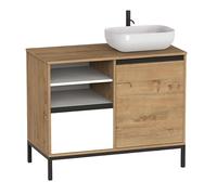 Muebles Pitarch | Mobile da bagno industriale con lavabo in ceramica incluso, struttura a piedi, 2 ripiani, cassetto e porta, Bianco Rovere e Nero, per lavabo da appoggio, 100cm, Moderno,