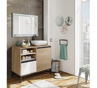 Muebles Pitarch | Mobile da bagno industriale con struttura a piedi, 2 ripiani, cassetto e porta, Bianco, Rovere Gold e Nero, per lavabo da appoggio, 100cm, stile Moderno, modello Tamesis