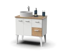 Muebles Pitarch | Mobile da bagno, larghezza 80cm, con piedi alti, 2 cassetti e 2 porte, per lavabo da appoggio, Bianco e Rovere Gold, stile Moderno Nordico Vintage, modello Aqua