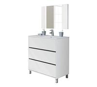 Muebles Pitarch | Set mobile da bagno con lavabo in ceramica e specchio incluso, 3 cassetti, larghezza 80cm, con piedi, Rovere Cambrian, per lavabo incassato, stile Moderno, modello Kalma