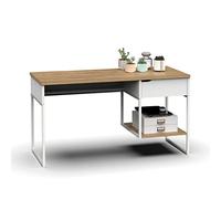 Muebles Pitarch | Tavolo da ufficio con piede metallico e passacavi curvo , 1 cassetto e 1 ripiano , scrivania, tavolo per computer o da studio, bianco e rovere Gold, 76x137,5x67cm,moderno