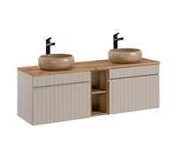 Muebles Slavic Iconic Cashmere, mobile per lavabo doppio, 140 cm, mobile per lavabo sospeso, piano rovere, colore beige (con piano di lavoro)