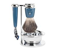 MÜHLE Rytmo - Set di 3 pezzi, compatibile con lame Gillette, spazzola per capelli di tasso puro, supporto con ciotola, manico in resina preziosa, colore: petrolio