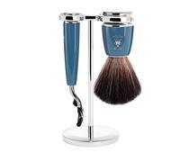 MÜHLE Set di 3 pennelli da barba con fibra nera, 3 lame, compatibile con lame Gillette, supporto in metallo cromato, manici in resina preziosa/metallo, petrolio/cromato