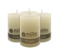 Müller Kerzen POLAR Candele Rustiche - Effetto Ghiaccio - 68 x 100 mm - Colore Avorio Opaco - Durata 46 ore - Set di 4 Candele Non Profumate