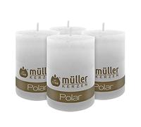 Müller Kerzen POLAR Candele Rustiche - Effetto Ghiaccio - 68 x 100 mm - Colore Bianco Opaco - Durata 46 ore - Set di 4 Candele Non Profumate