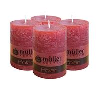 Müller Kerzen POLAR Candele Rustiche - Effetto Ghiaccio - 68 x 100 mm - Colore Rosso Opaco - Durata 46 ore - Set di 4 Candele Non Profumate