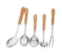 MUELODSIC 5 Pezzi Utensili in Acciaio con Manici in Bamboo Ecologico Cucchiaio per Pasta per Zuppa e Forchetta da Portata Resistenti AI Graffi per Pentole Antiaderenti Design Ergonomico e
