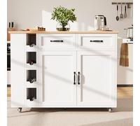 muenfly Isola da cucina con ciabatta e piano di lavoro estraibile, carrello da cucina bianco con 2 cassetti, 6 scomparti e scaffale per vino, armadietto a buffet in MDF/metallo, su ruote, 131,5 x 43 x