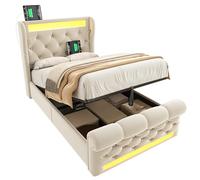 muenfly Letto matrimoniale 160 x 200 cm, beige con ricarica USB e design vintage, illuminazione a LED, spazio idraulico, portata 300 kg, telaio del letto (senza materasso)