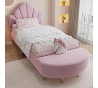 muenfly Practical Upholstered Bed Set 90 x 200 cm | Bed Bench & Safety Rail, Pink Velvet Upholstery, Sturdy Metal Frame, Anti-Collision Edges, for Kids & Teens