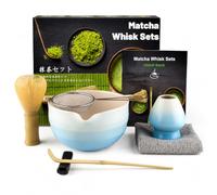 Muexoee Set da 7 pezzi per tè Matcha, per fare colazione/latte, set con frusta e ciotola con tutti gli accessori, autentica cerimonia del tè, ciotola blu sfumata, mescolatore giallo