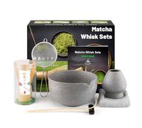 Muexoee Set da 7 pezzi per tè Matcha, per fare colazione/latte, set con frusta e ciotola con tutti gli accessori, autentica cerimonia del tè, ciotola grigio-bianca, mescolatore in bambù