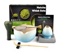 Muexoee Set da 7 pezzi per tè Matcha, per fare colazione/latte, set con frusta e ciotola con tutti gli accessori, autentica cerimonia del tè, ciotola blu sfumata, mescolatore verde