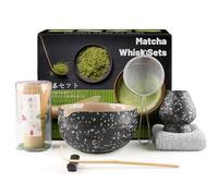 Muexoee Set da 7 pezzi per tè Matcha, per fare colazione/latte, set con frusta e ciotola con tutti gli accessori, autentica cerimonia del tè, ciotola a pois neri, mescolatore in bambù