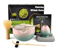 Muexoee Set da 7 pezzi per tè Matcha, per fare colazione/latte, set con frusta e ciotola con tutti gli accessori, autentica cerimonia del tè, ciotola sfumata rosa-blu, mescolatore giallo
