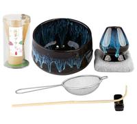 Muexoee Set da 7 pezzi per tè Matcha, per fare colazione/latte, set con frusta e ciotola con tutti gli accessori, autentica cerimonia del tè, ciotola blu cambiata in forno color oro sabbia