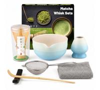 Muexoee Set da 7 pezzi per tè Matcha, per fare colazione/latte, set con frusta e ciotola con tutti gli accessori, autentica cerimonia del tè, ciotola blu sfumata, mescolatore in bambù