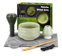Muexoee Set da 7 pezzi per tè Matcha, per fare colazione/latte, set con frusta e ciotola con tutti gli accessori, autentica cerimonia del tè, ciotola grigio-verde incrinata, agitatore verde