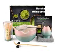 Muexoee Set da 7 pezzi per tè Matcha, per fare colazione/latte, set con frusta e ciotola con tutti gli accessori, autentica cerimonia del tè, ciotola sfumata rosa-blu, mescolatore in bambù
