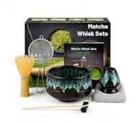 Muexoee Set da 7 pezzi per tè Matcha, per fare colazione/latte, set di frusta e ciotola con tutti gli accessori, autentica cerimonia del tè, ciotola cambiata in forno color oro sabbia, mescolatore