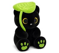 MUFEIRUO Green Leaf - Pianta in peluche a forma di gatto nero seduto | Simpatico gatto nero da 20,3 cm con foglia verde sopra la testa, ricamo a zampa verde, morbido peluche a tema vegetale