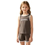 Mufeng 2 Pezzi Tuta da Ginnastica Artistica Bambina Bambino Canotta Senza Maica Tank Top e Pantaloncini Tuta da Jogging Training Fitness Casual Sportwear Marrone 7-8 anni