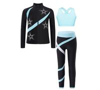 Mufeng 3 Pezzi Tuta da Ginnastica Bambina Giacca da Pattinaggio Artistico con Pantaloni Leggings Top Corto Reggiseno Completo Danza Moterna Jazz Hip Hop Azzurro A 5-6 anni