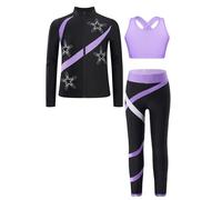 Mufeng 3 Pezzi Tuta da Ginnastica Bambina Giacca da Pattinaggio Artistico con Pantaloni Leggings Top Corto Reggiseno Completo Danza Moterna Jazz Hip Hop Viola chiaro A 5-6 anni
