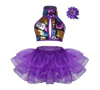 Mufeng 3 Pezzi Vestito Danza Classica Bambina Crop Top con Strass+Tutù Gonna da Balletto a 2 strati di Tulle +Pinze per Capelli Abito da Ballo Latino Dancewear Viola 5-6 anni