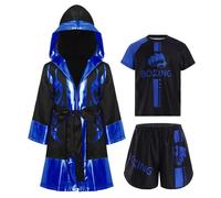 Mufeng Abbigliamento da Boxe Bambini Cappotto da Boxe con Cappuccio in Seta Maglietta da Muay Thai Arti Marziali Boxing Shorts Costume Pugile Campione del Mondo Blu A 9-10 anni