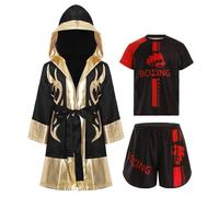 Mufeng Abbigliamento da Boxe Bambini Cappotto da Boxe con Cappuccio in Seta Maglietta da Muay Thai Arti Marziali Boxing Shorts Costume Pugile Campione del Mondo Oro rosso A 7-8 anni