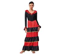 Mufeng Abito Ballo per Corrida Spagnola Donna Vestito da Ballo Latino Americano Gonne Grande Swing con Volant Abito da Ballo Spagnolo Standard Danza Classica Nero L