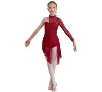 Mufeng Abito da Pattinaggio Artistico per Bambine Leotards Monospalla in Pizzo Body da Balletto Danza Classica Abito da Ballerina Latino Americano Dancewear A Borgogna 7-8 anni