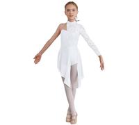 Mufeng Abito da Pattinaggio Artistico per Bambine Leotards Monospalla in Pizzo Body da Balletto Danza Classica Abito da Ballerina Latino Americano Dancewear A Bianco 7-8 anni